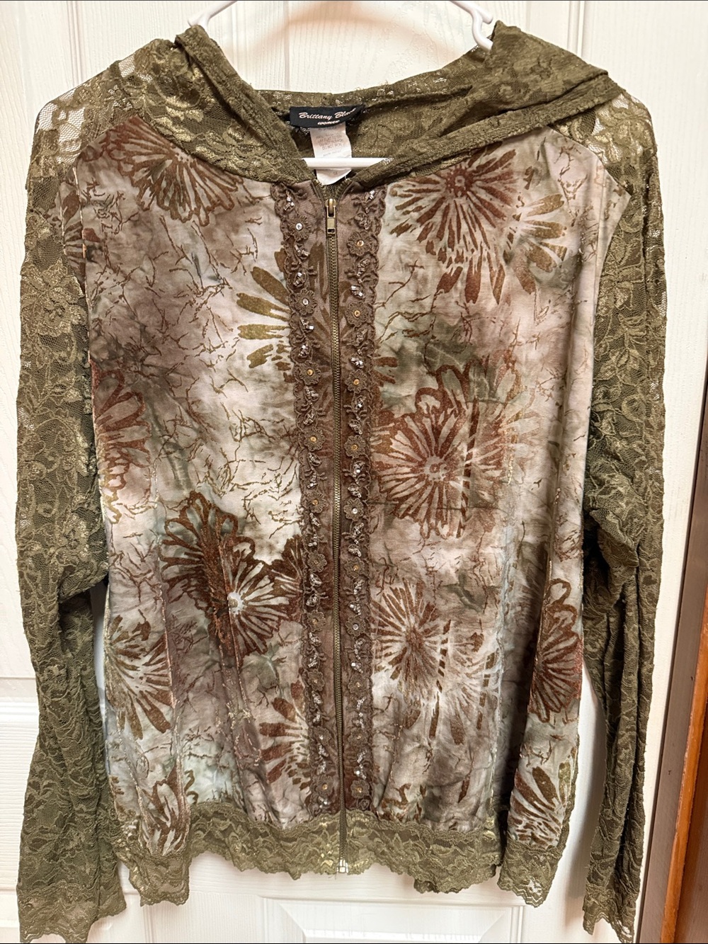 Brittany Black Olive & Brown Floral Lace Zip Hoodie